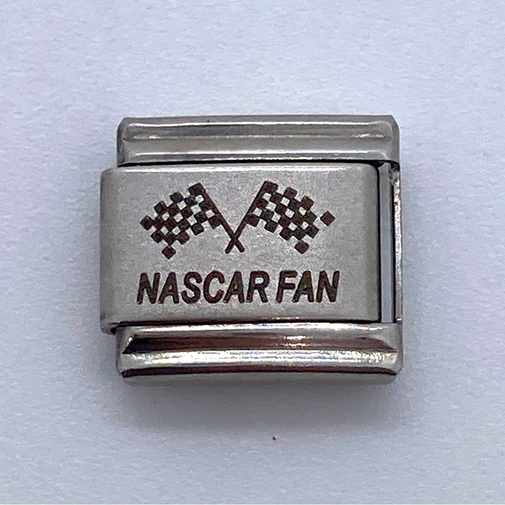 “Nascar Fan” Uberry Italian Charm for Bracelet Silver Tone Racing Car Speedway